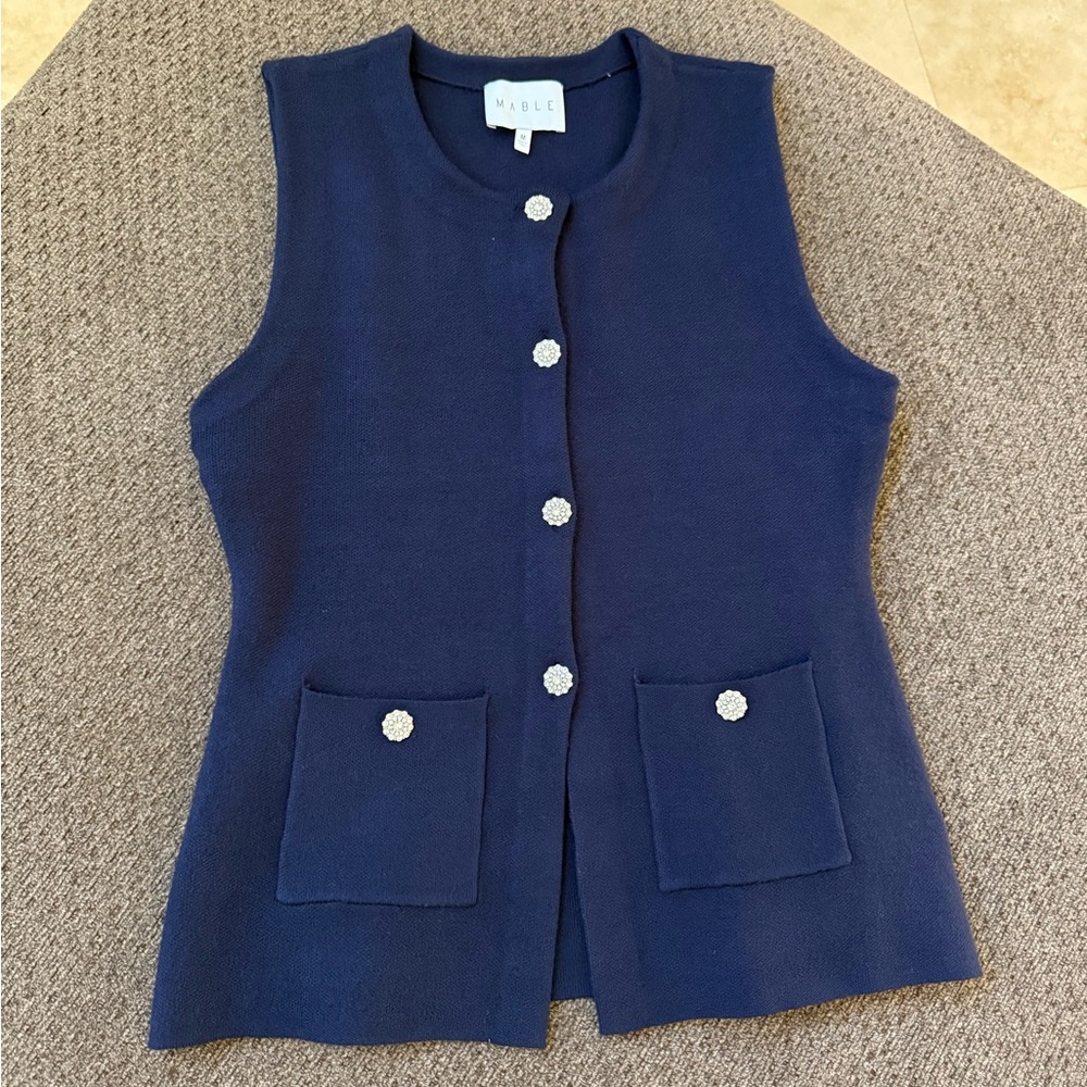 MABLE  Navy Sleeveless Knit Vest with Decorative Buttons